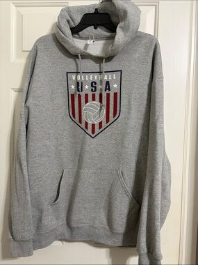 Jerzees Gray USA Volleyball Pullover Hoodie with Red & Navy Crest
